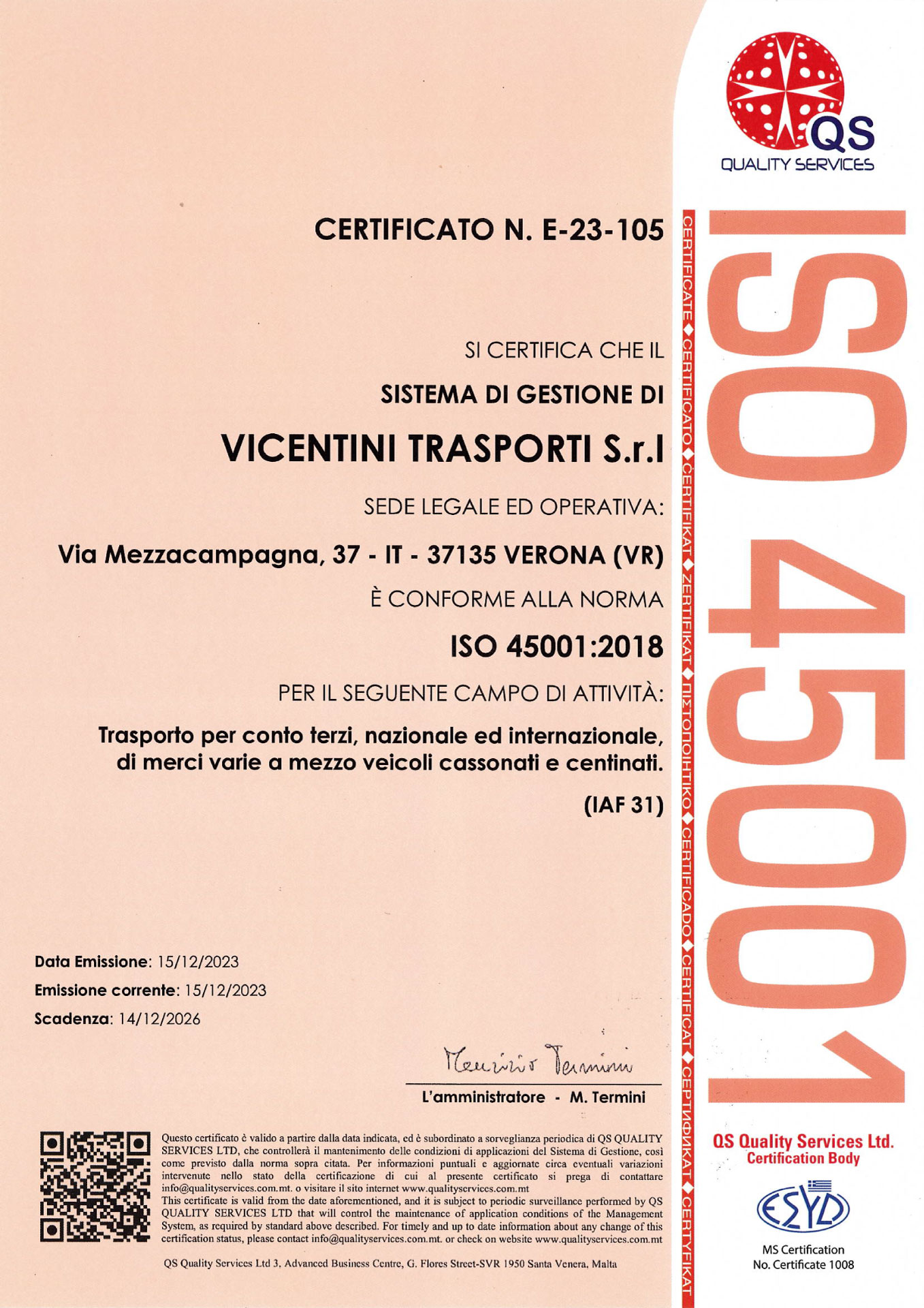 Certificato ISO 45001 di Vicentini Trasporti